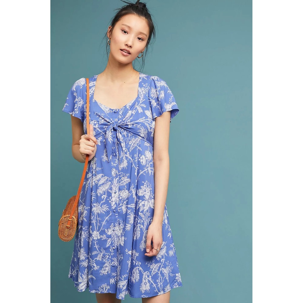 Maeve Jill Flutter-Sleeve Dress Womens 2P Blue Floral Tie Front Coastal cottage